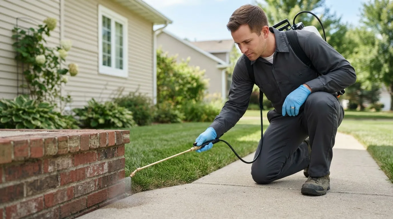 Pest control technician treating a home near Piqua, OH