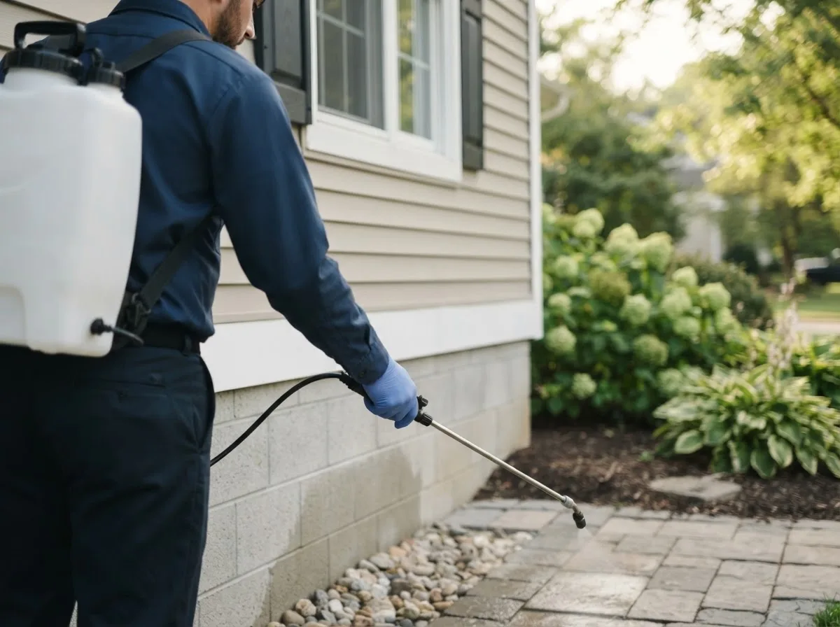 Pest control technician inspecting a home in Piqua, OH
